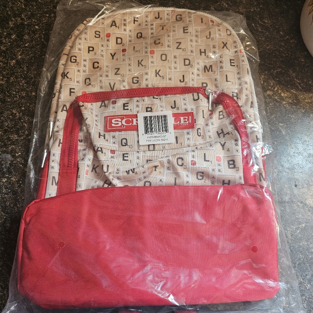 Full Size Hasbro Scrabble Board Game Backpack Tiles Alphabet Red Brown 17" x 12"